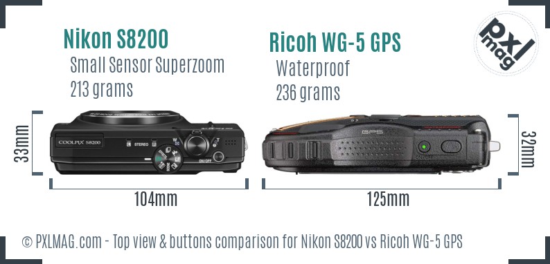 Nikon S8200 vs Ricoh WG-5 GPS top view buttons comparison