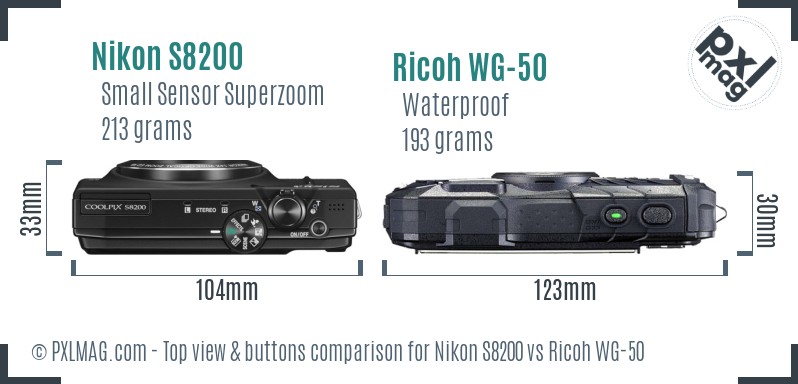 Nikon S8200 vs Ricoh WG-50 top view buttons comparison