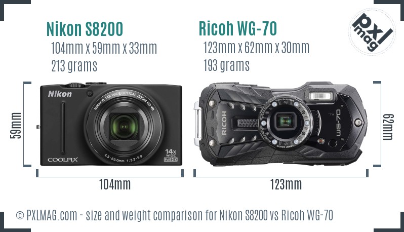 Nikon S8200 vs Ricoh WG-70 size comparison