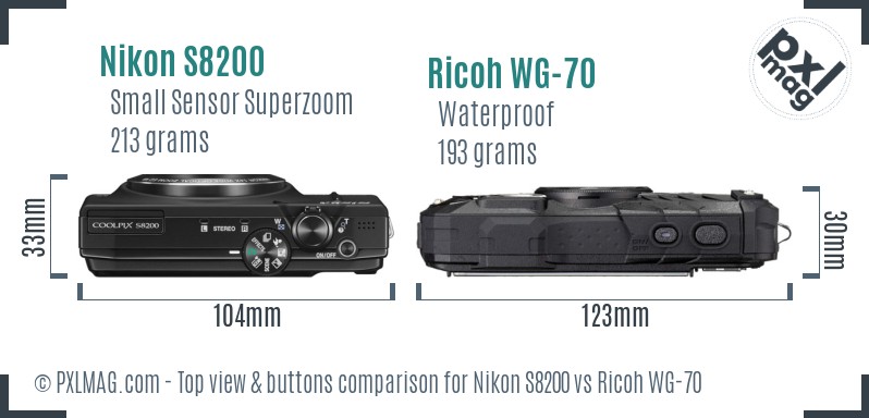 Nikon S8200 vs Ricoh WG-70 top view buttons comparison