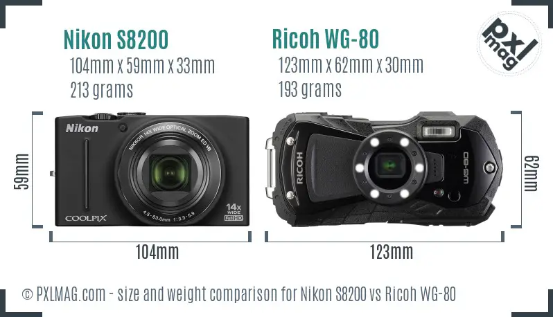 Nikon S8200 vs Ricoh WG-80 size comparison