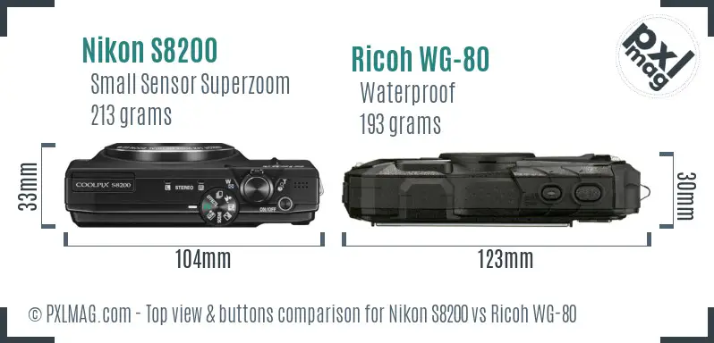 Nikon S8200 vs Ricoh WG-80 top view buttons comparison