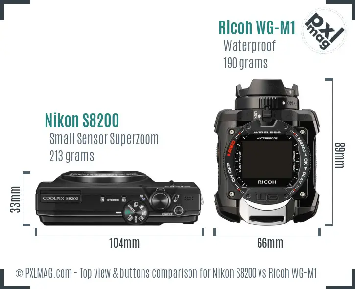 Nikon S8200 vs Ricoh WG-M1 top view buttons comparison