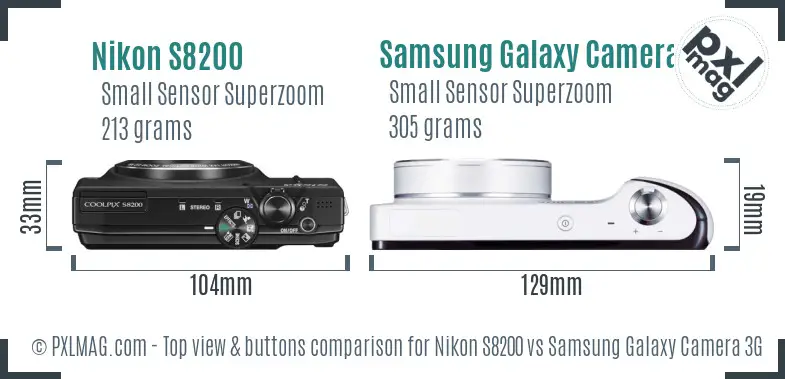 Nikon S8200 vs Samsung Galaxy Camera 3G top view buttons comparison Nikon S8200 vs Samsung Galaxy Camera 3G top view buttons comparison