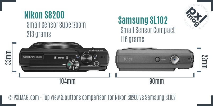 Nikon S8200 vs Samsung SL102 top view buttons comparison