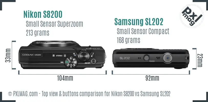 Nikon S8200 vs Samsung SL202 top view buttons comparison
