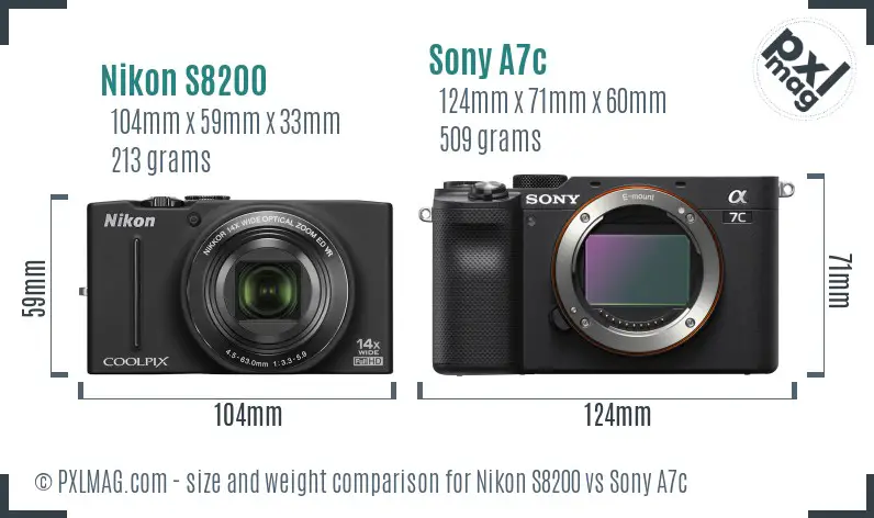 Nikon S8200 vs Sony A7c size comparison