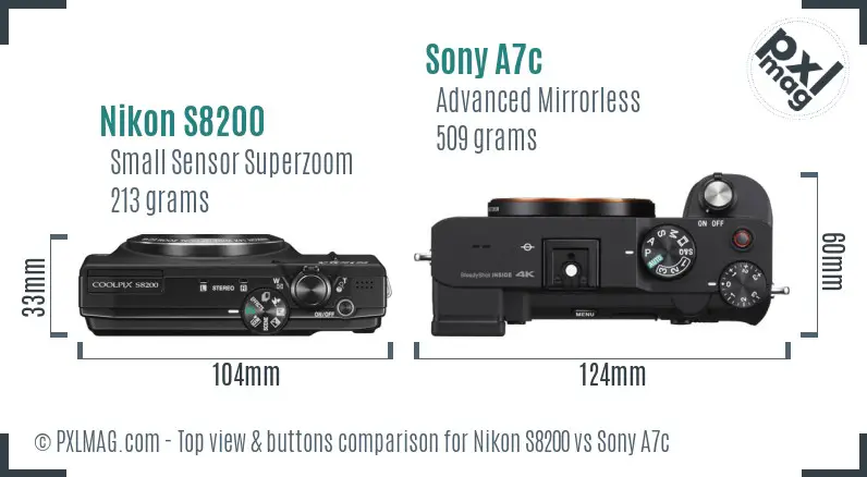 Nikon S8200 vs Sony A7c top view buttons comparison