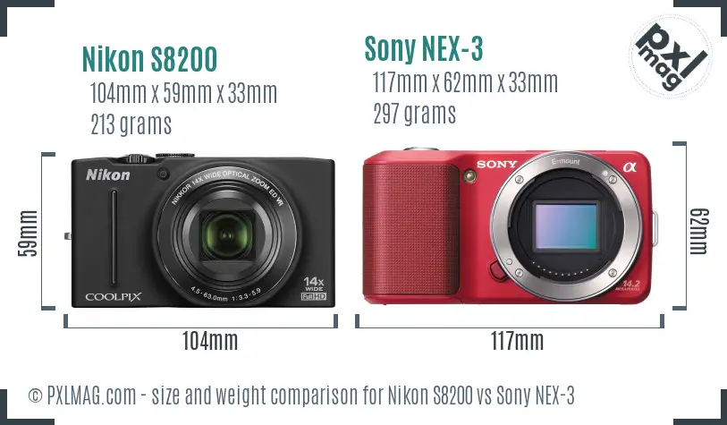Nikon S8200 vs Sony NEX-3 size comparison