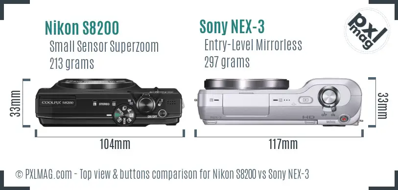 Nikon S8200 vs Sony NEX-3 top view buttons comparison