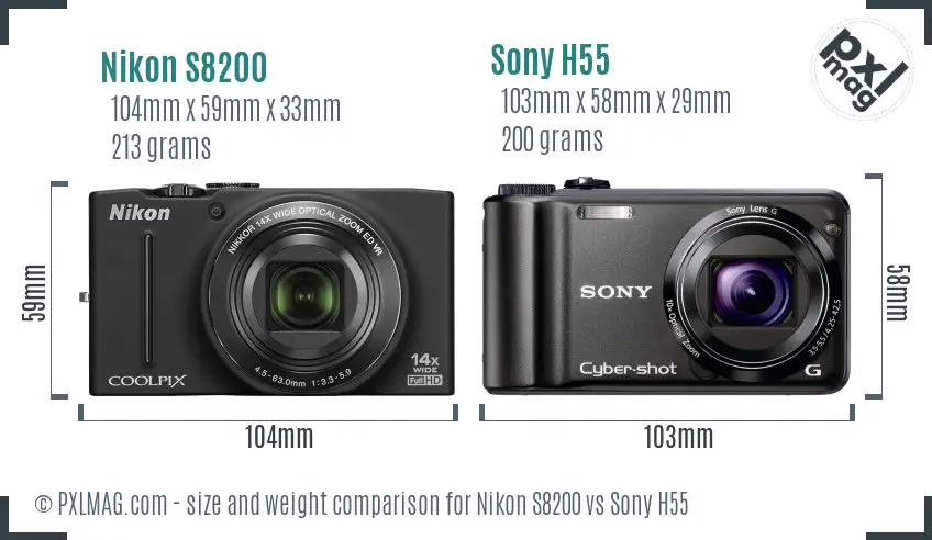Nikon S8200 vs Sony H55 size comparison