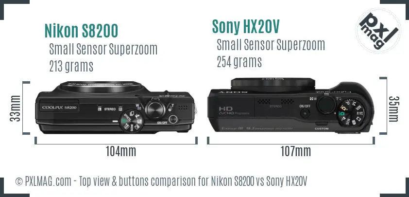 Nikon S8200 vs Sony HX20V top view buttons comparison Nikon S8200 vs Sony HX20V top view buttons comparison