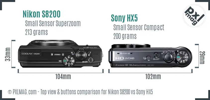 Nikon S8200 vs Sony HX5 top view buttons comparison