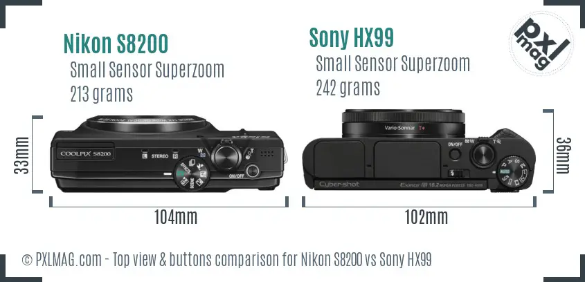 Nikon S8200 vs Sony HX99 top view buttons comparison