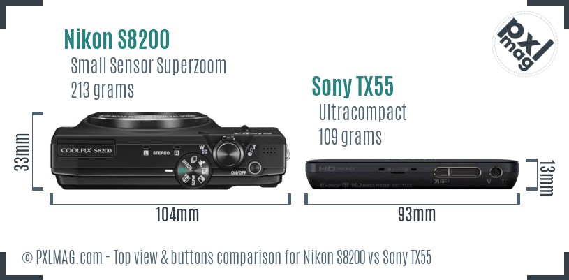Nikon S8200 vs Sony TX55 top view buttons comparison