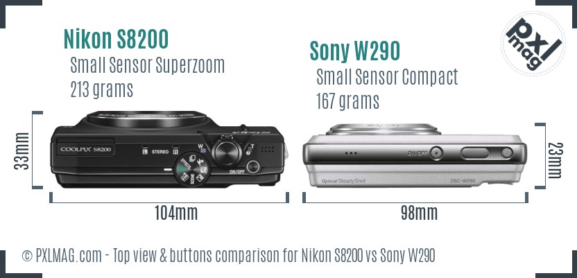 Nikon S8200 vs Sony W290 top view buttons comparison