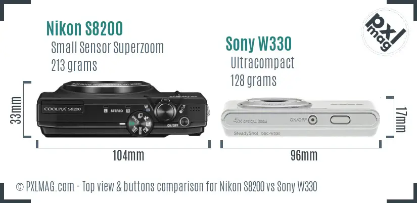 Nikon S8200 vs Sony W330 top view buttons comparison