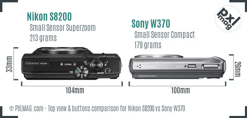Nikon S8200 vs Sony W370 top view buttons comparison