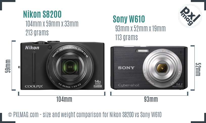 Nikon S8200 vs Sony W610 size comparison