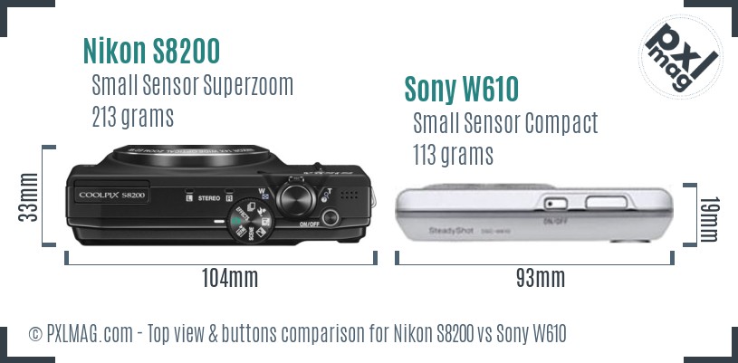 Nikon S8200 vs Sony W610 top view buttons comparison