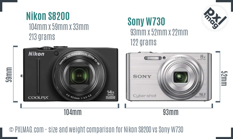 Nikon S8200 vs Sony W730 size comparison