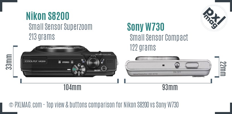 Nikon S8200 vs Sony W730 top view buttons comparison