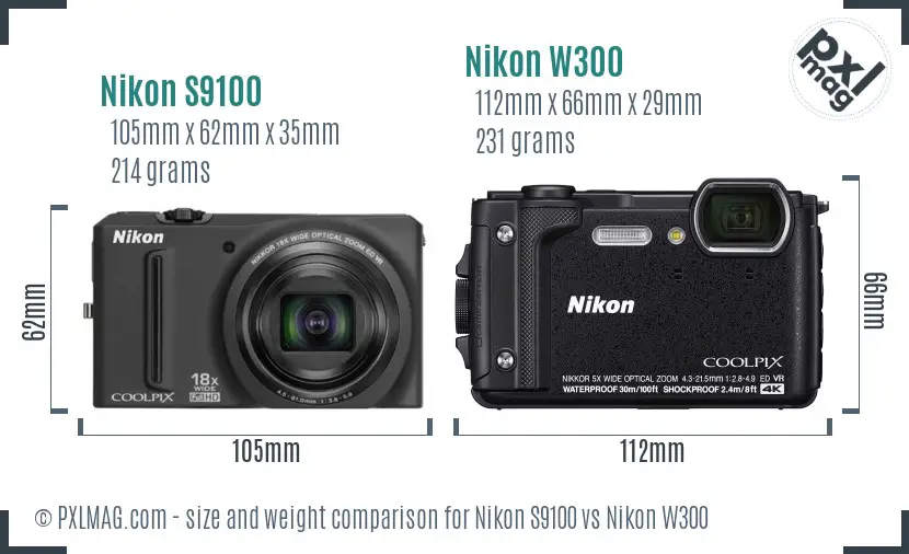 Nikon S9100 vs Nikon W300 size comparison