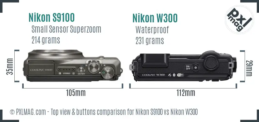 Nikon S9100 vs Nikon W300 top view buttons comparison