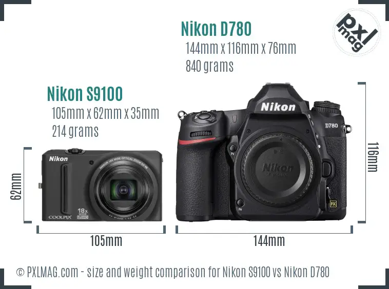 Nikon S9100 vs Nikon D780 size comparison