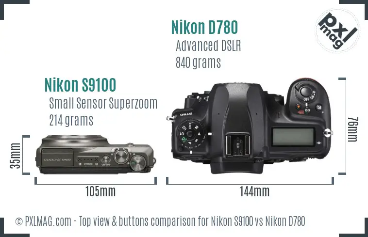 Nikon S9100 vs Nikon D780 top view buttons comparison