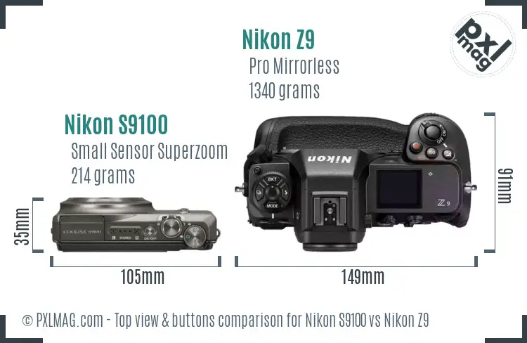 Nikon S9100 vs Nikon Z9 top view buttons comparison