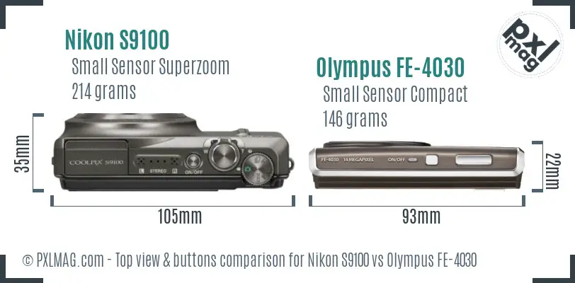 Nikon S9100 vs Olympus FE-4030 top view buttons comparison