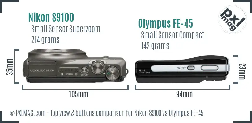 Nikon S9100 vs Olympus FE-45 top view buttons comparison