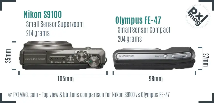 Nikon S9100 vs Olympus FE-47 top view buttons comparison