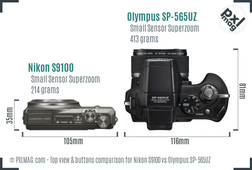 Nikon S9100 vs Olympus SP-565UZ top view buttons comparison Nikon S9100 vs Olympus SP-565UZ top view buttons comparison