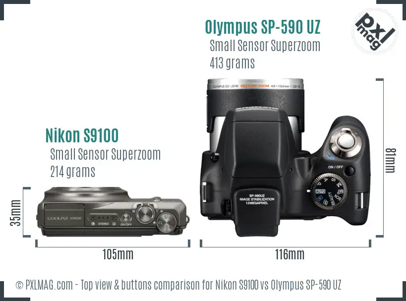Nikon S9100 vs Olympus SP-590 UZ top view buttons comparison