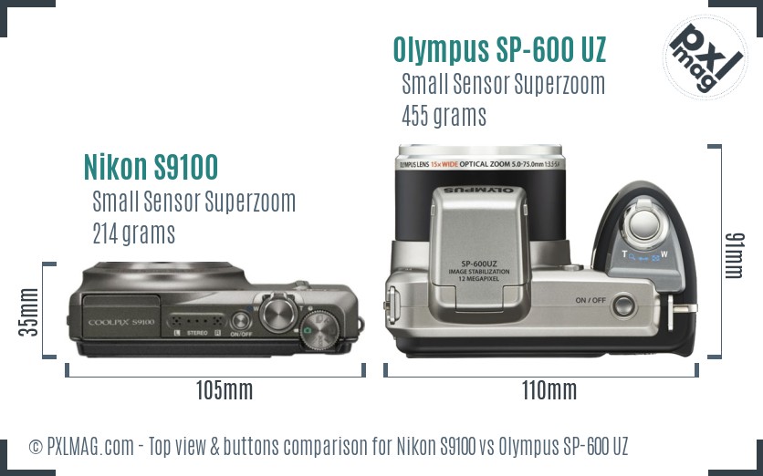 Nikon S9100 vs Olympus SP-600 UZ top view buttons comparison