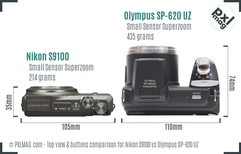 Nikon S9100 vs Olympus SP-620 UZ top view buttons comparison