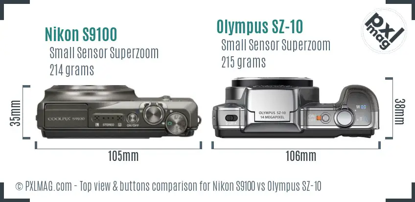 Nikon S9100 vs Olympus SZ-10 top view buttons comparison