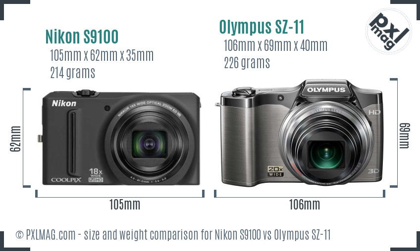 Nikon S9100 vs Olympus SZ-11 size comparison