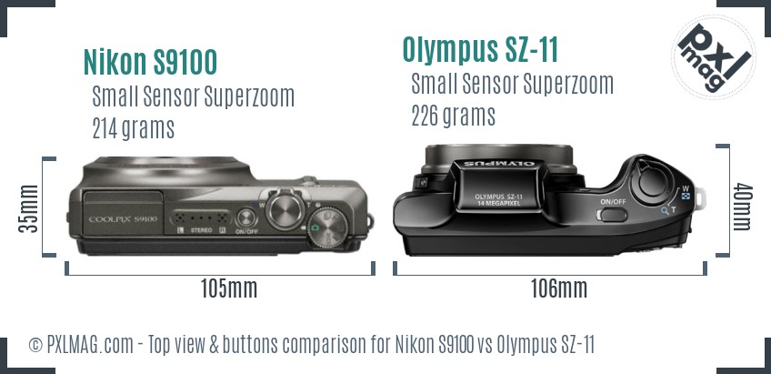Nikon S9100 vs Olympus SZ-11 top view buttons comparison
