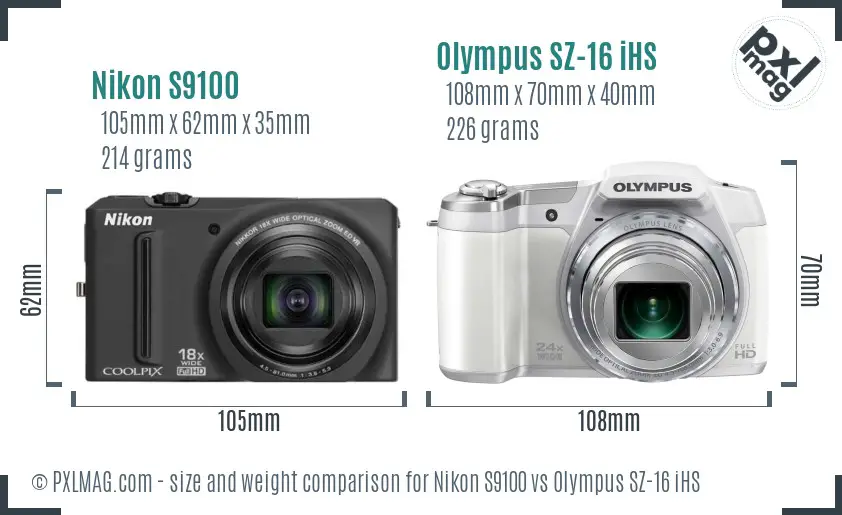 Nikon S9100 vs Olympus SZ-16 iHS size comparison Nikon S9100 vs Olympus SZ-16 iHS size comparison