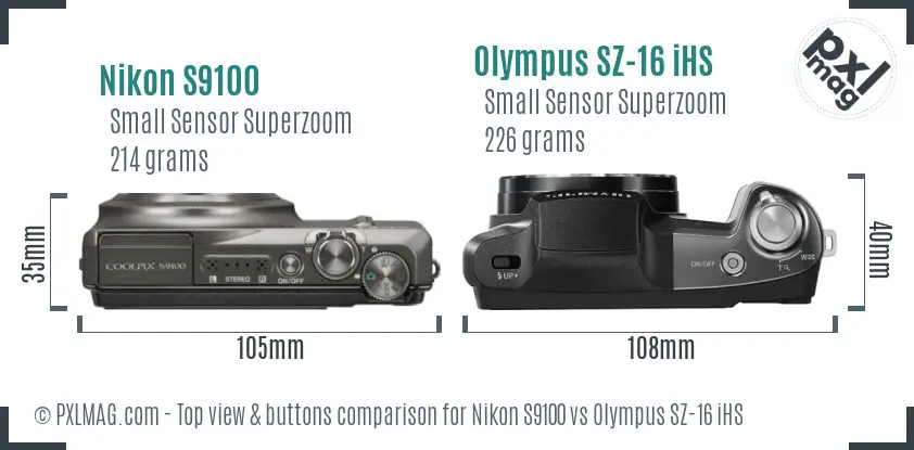 Nikon S9100 vs Olympus SZ-16 iHS top view buttons comparison Nikon S9100 vs Olympus SZ-16 iHS top view buttons comparison