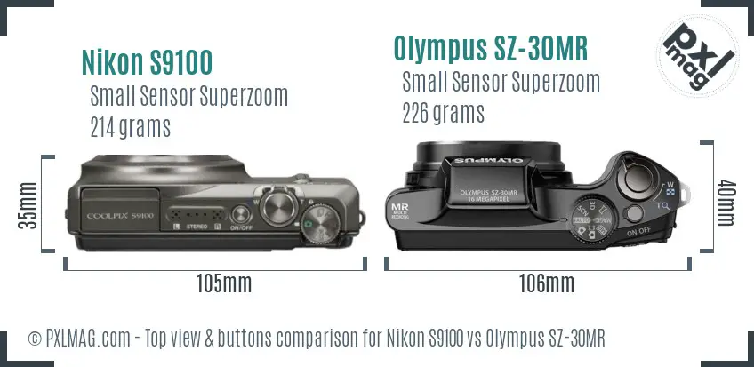 Nikon S9100 vs Olympus SZ-30MR top view buttons comparison