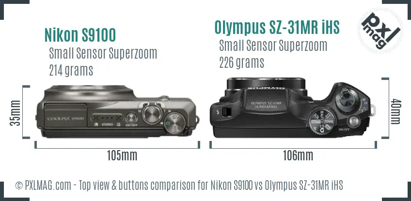 Nikon S9100 vs Olympus SZ-31MR iHS top view buttons comparison