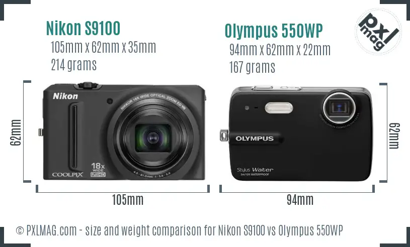 Nikon S9100 vs Olympus 550WP size comparison