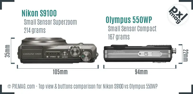 Nikon S9100 vs Olympus 550WP top view buttons comparison