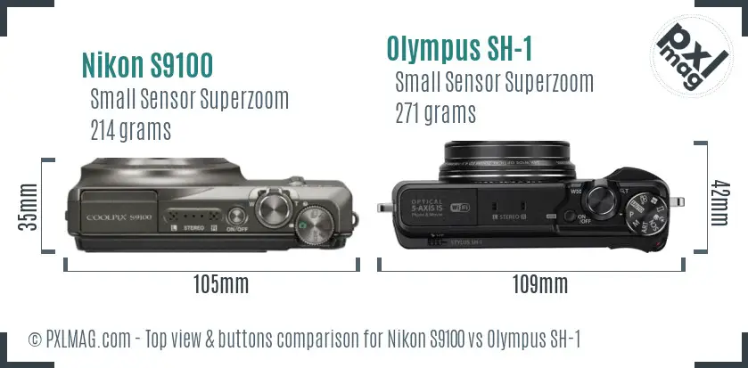 Nikon S9100 vs Olympus SH-1 top view buttons comparison