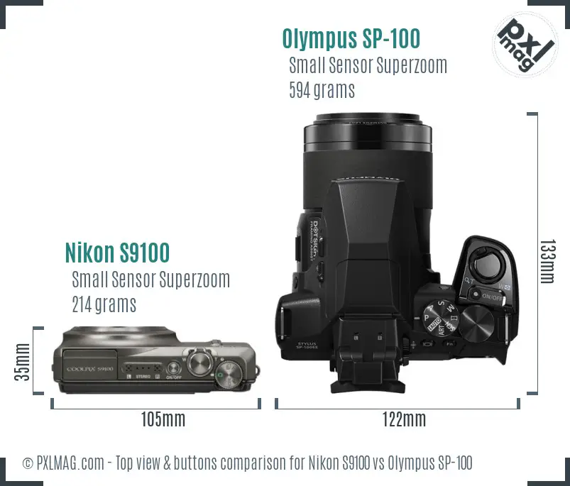 Nikon S9100 vs Olympus SP-100 top view buttons comparison