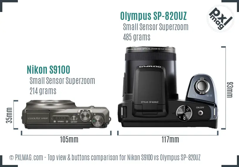 Nikon S9100 vs Olympus SP-820UZ top view buttons comparison